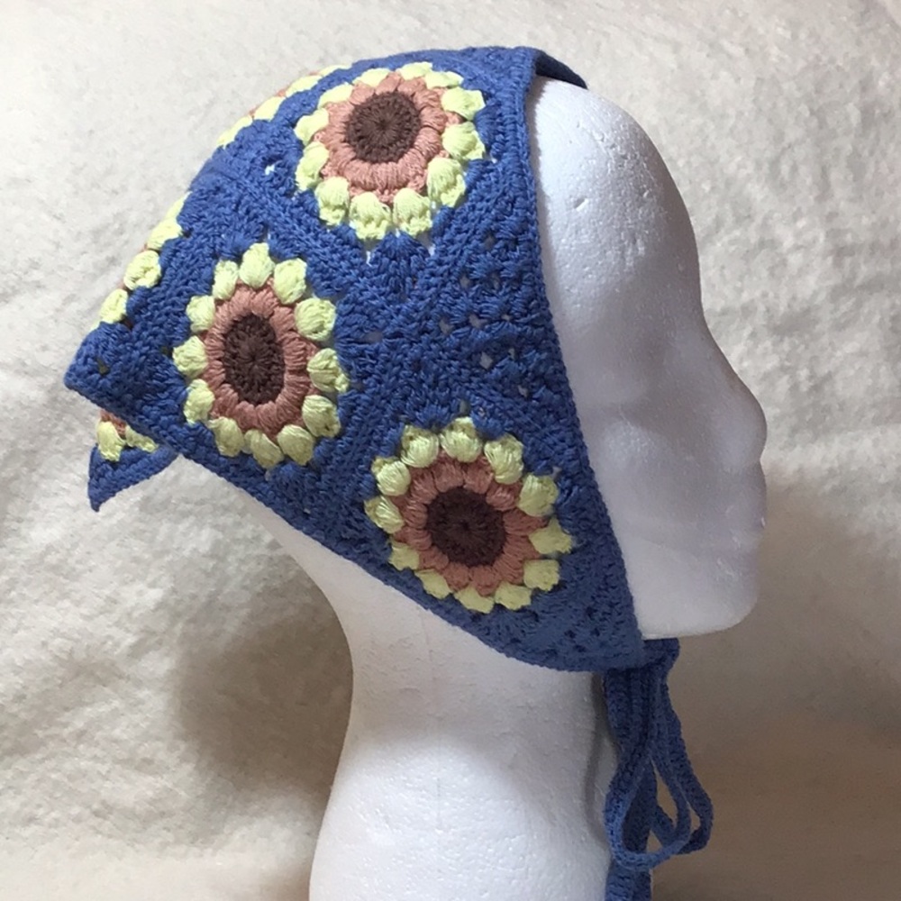 Crocheted Denim Blue Floral triangle head scarf